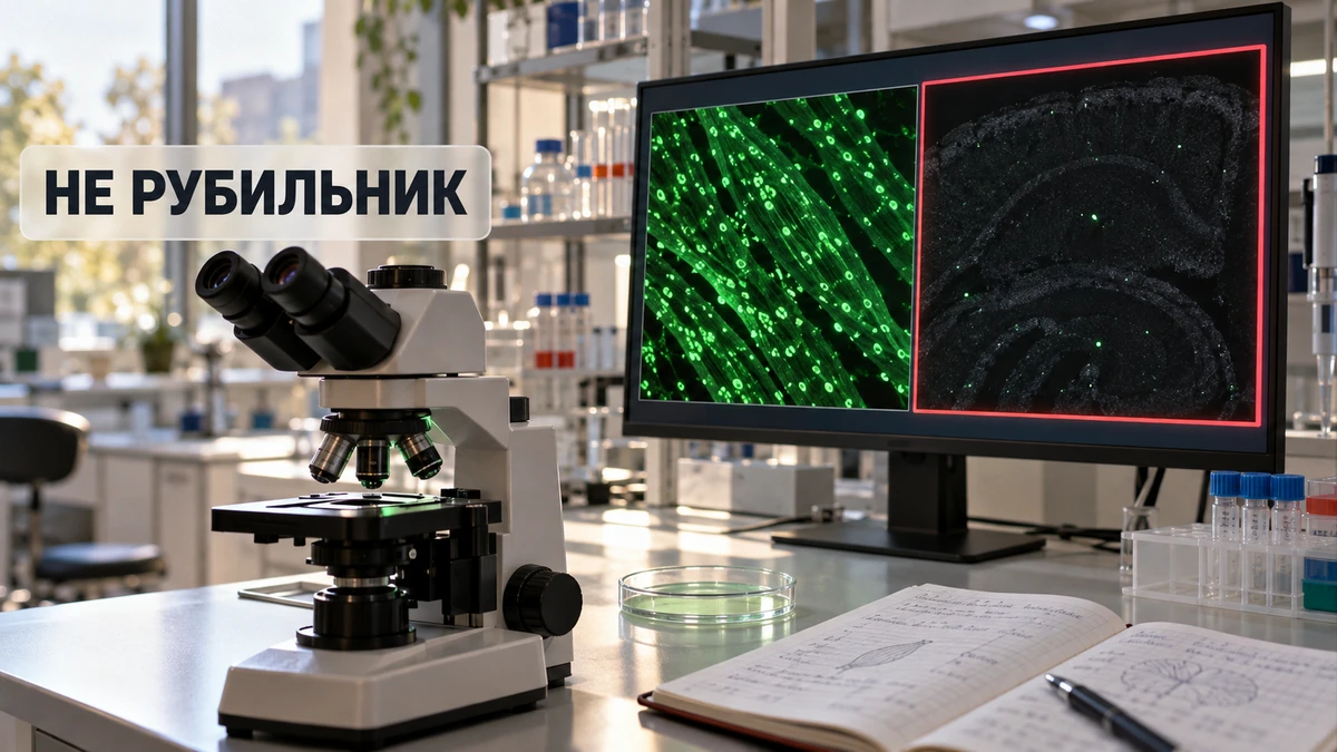 Флуоресцентный микроскоп в лаборатории и снимок клеток с зелёными точками